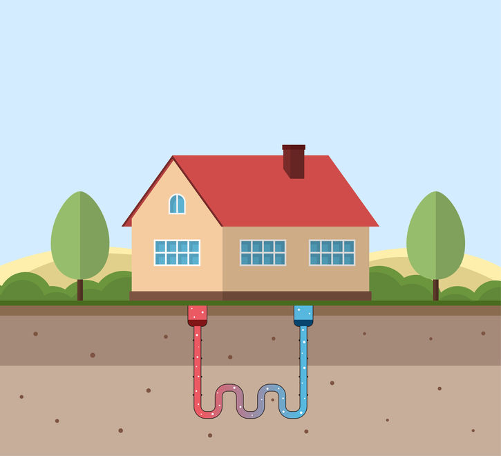 Geothermal green energy concept - Eco friendly house with geothermal heating and energy generation