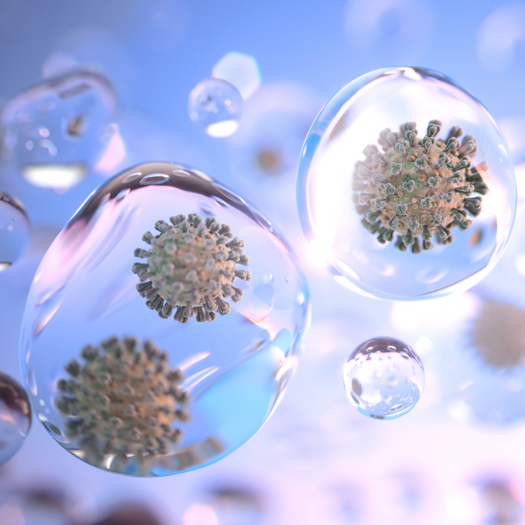 Super-high magnification of coronavirus particles (like the current SARS-CoV-2 pandemic) spread through tiny droplets of liquid (aerosols) floating through the air. Illustration for means of transmission: droplet and aerosolized infection.