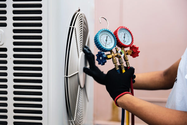 HVAC technician checking heat pump